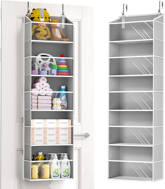 1-Pack Over Door Organizer with 5 Large Pockets 10 Mesh Side Pockets, Clear Grey