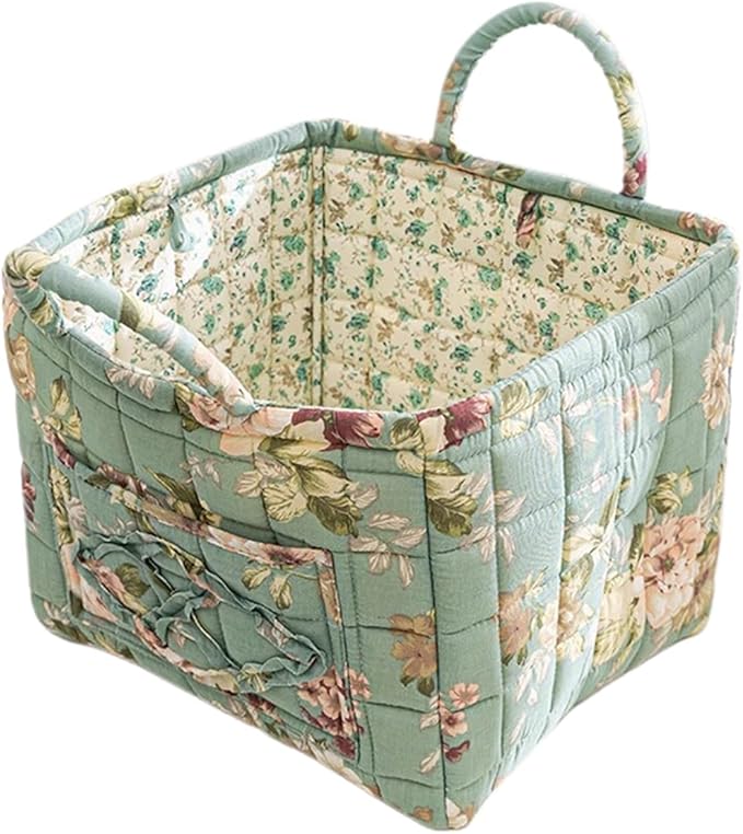 Fabric Baskets for Storage - Quilted Boho Floral Basket with Handles, Foldable Organizer for Home, Office, Clothes, Blankets, Books or Toys - 12'' x 10'' x 10''(Green)