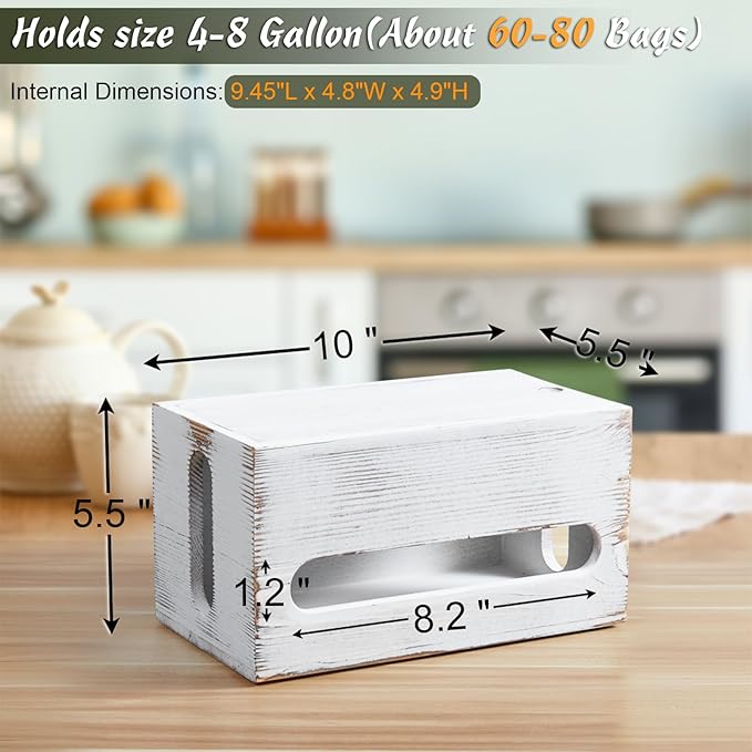 DRASTAR Trash Bag Dispenser, Wall Mount Wooden Trash Organizer , Countertop Trash Bag Roll Holder for 4-8 gallon , Retro White Kitchen Laundry Room Organization
