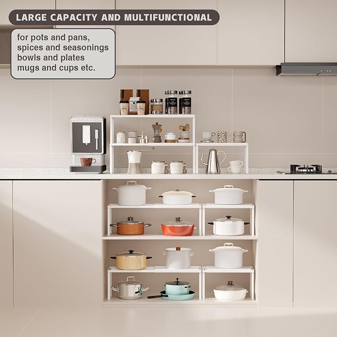 Magheo Expandable Cabinet Shelf Organizer, 2 Pack Stackable Kitchen Counter Shelf Riser, Metal Spice Rack Adjustable Heavy Duty Countertop Organizer Storage for Kitchen, Pantry, Cupboard, Rv (White)