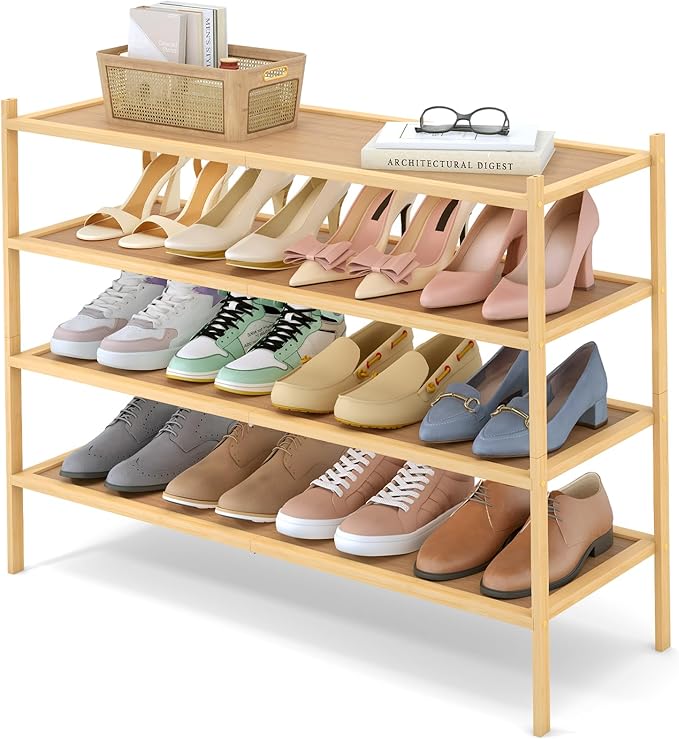 Smiry Bamboo Long Shoe Rack, 4 Tier Shoe Organizer for Entryway & Closet, Stackable Free Standing Storage Shelf for Shoes, Bags & Plants, Natural