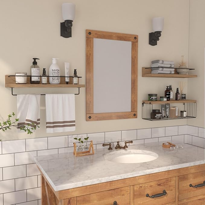 PopiShelves 22.5 inches Bathroom Shelves Over Toilet for Wall, Floating Shelves with Storage Basket Paper Holer for Kitchen Living Room, Bedroom & Classroom, Set of 3 (Nature Wood)