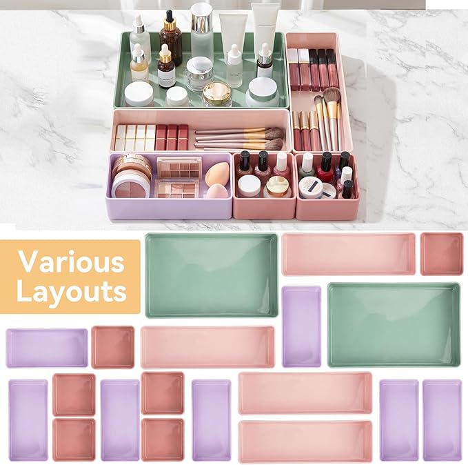 Teenyyou 18 Pcs Drawer Organizer Stackable 4 Size Makeup Drawer Organizer Trays Acrylic Bathroom Vanity Storage Bins for Cosmetic, Jewelries, Office Supply, Kitchen Utensils(Multicolor,Glossy)
