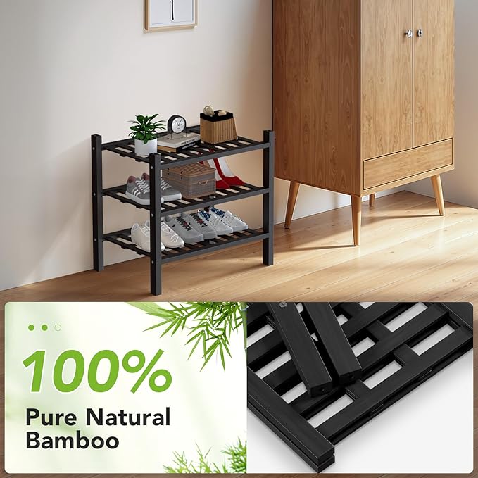 Haddockway Small 3 Tier Bamboo Shoe Rack Storage Organizer, Multifunctional Free Standing Stackable Shoe Shelf with Grid Panel for Closet,Hallway,Entryway,Small Space 18"x11"x17"