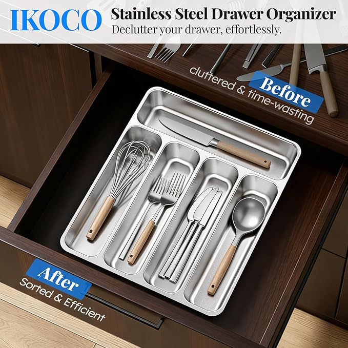 IKOCO Silverware Organizer Stainless Steel Utensil Drawer Organizer with 5 Compartments for Kitchen, Dishwasher Safe, Holds Spoons Forks Knives (13.8" x 11.4" x 1.6", Silver)