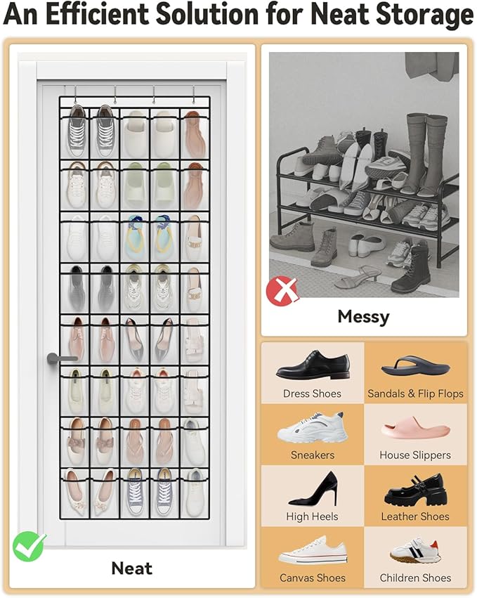 dodowin Over the Door Shoe Organizers, 2 Pack - 40 Deep Mesh Pockets Each, Over The Door Shoe Rack with 4 Metal Hooks Each, Space Saving Hanging Storage Holder for Closets, Shoes & Accessories, White