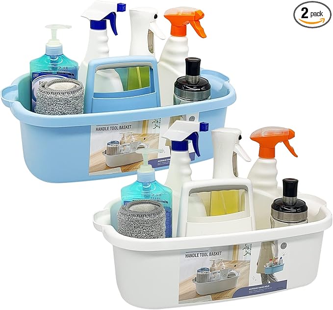 2 Pack Multi-Purpose Plastic Cleaning Caddy with Handle, Blue+white