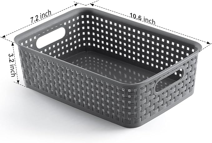 NETANY Plastic Storage Baskets - 8 Pack, Gray, Durable, Easy to Use, Flexible, Multi-Purpose, Ideal for Closets, Cabinets, Shelves, Countertops