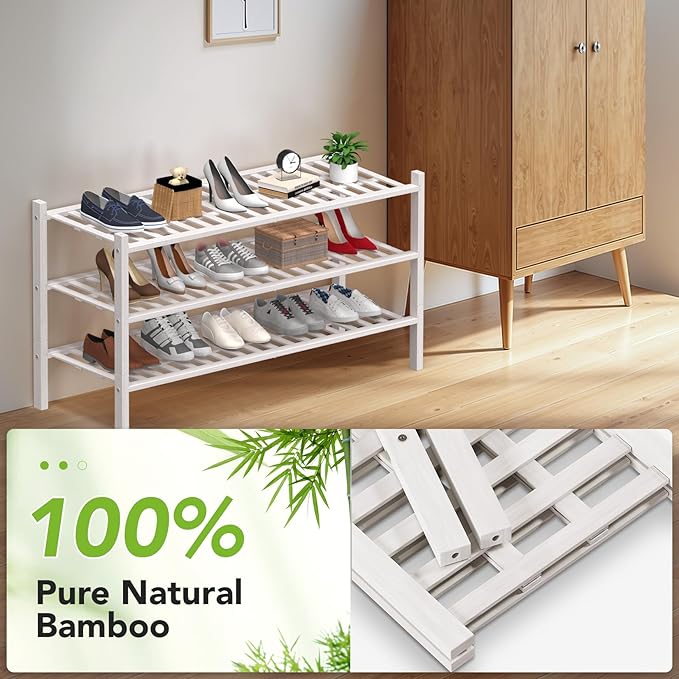 Haddockway Long 3 Tier Bamboo Shoe Rack Storage Organizer,Multifunctional Free Standing Stackable Shoe Shelf with Grid Panel for Closet,Hallway,Entryway,Small Space 34.2"x11"x20"