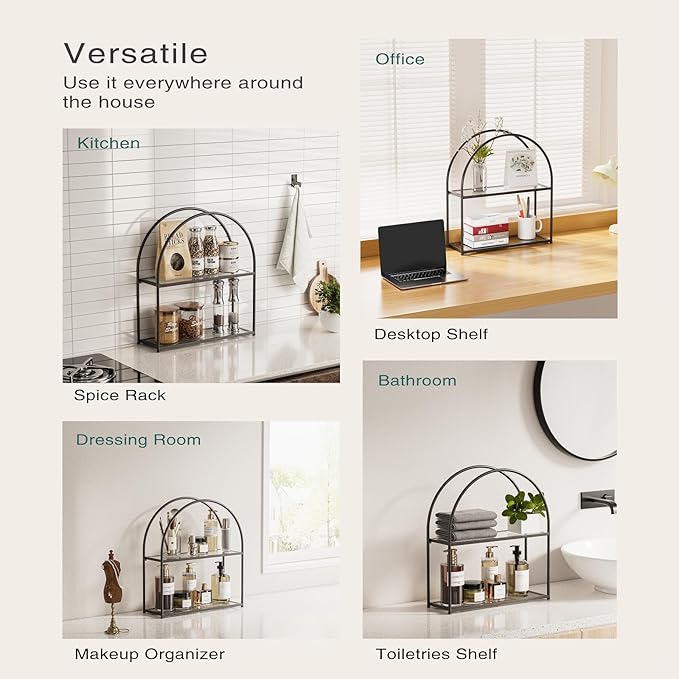 Crofy Black Arched Frame Wall Shelf, Decorative 2 Tier Bathroom Wall Shelf with Transparent Tempered Glass Shelves and Robust Storage Capacity, 5.1" D x 16.3" W x 18.6" H