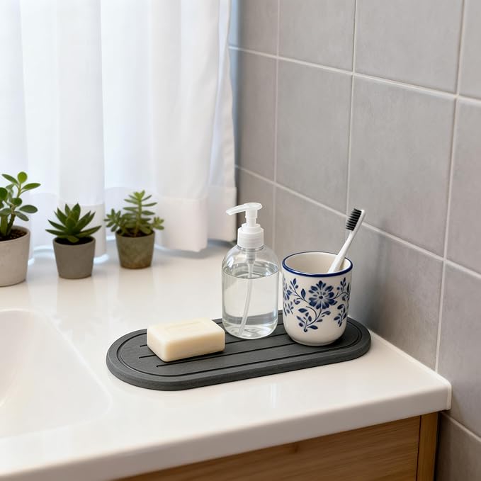 Razborci 2PCS Water Absorbing Stone Drying Tray Mat for Bathroom Sink & Kitchen Counter Faucet Organizer Decor, Quick Dry Dish Soap Dispenser Sponge Holder, Vanity Caddy Coaster,Dark Gray -10"*3.8"