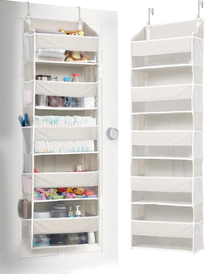 1-Pack Over Door Organizer with 5 Large Pockets 10 Mesh Side Pockets, Beige