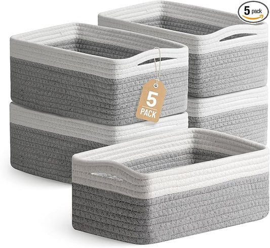 5 Pack Decorative Small Storage Baskets for Shelves, Gray/White