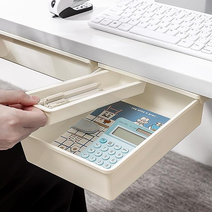 Cedilis 3 Pack Under Desk Drawer, Self-Adhesive Desk Organizer Drawers, Hidden Drawers Pencil Tray, Add a Drawer Under Table Easily, Attachable Desktop Organizer for Office School Home, Beige