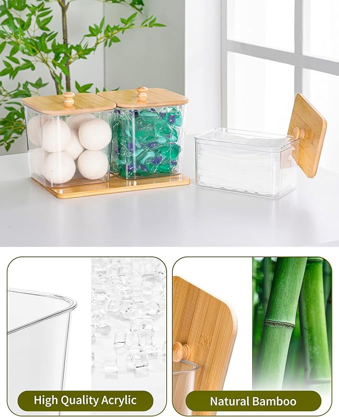 iCASA Trash Bag Dispenser Dishwasher Pod Holder - 5 in 1 Plastic Garbage Bag Under Sink Organizer, Acrylic Dryer Sheet Balls Laundry Pods Container with Bamboo Lid, Pantry Organizers and Storage Box