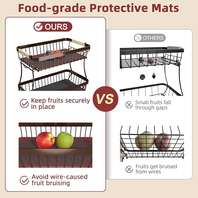 Sevenblue 2 Tier Large Fruit Basket for Kitchen Counter with 2 Mobile Banana Hangers, 2026 Pro Detachable Metal Fruit Bowl with Wooden Handle (Brown, 2 Tier Extra Large)
