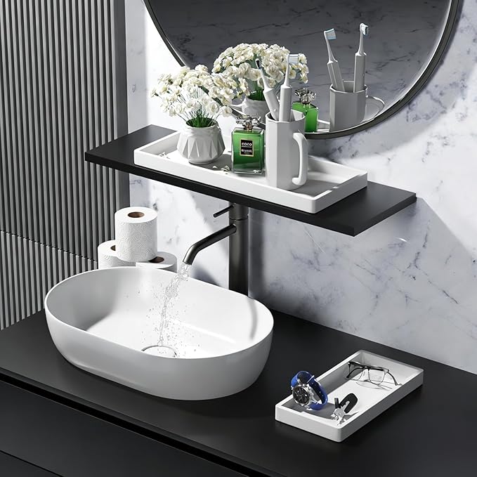 BBK Bathroom Vanity Tray- 2 Pack (7.8" and 11.8") Silicone Bathroom Tray for Counter, Perfume Key Trinket Ring Tray, Decor Soap Dispenser Countertop Tray for Kitchen Sink Organization (White)