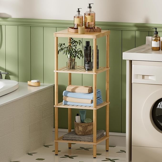 AmazerBath Bamboo Bathroom Shelf, 4-Tier Bathroom Storage Shelf, Multifunctional Storage Rack for Living Room Bedroom Kitchen, Space Saver