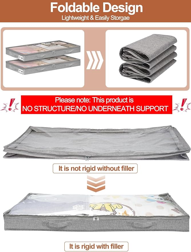 punemi 3 Inch Low Profile Under Bed Storage Bins with NO STURCTURE Design, Shallow Clothes Storage Bags with Clear Lids - Fits Under Sofa, Couch, Dorm, or College Beds, 40x20x3inch, 2 Pack, Grey