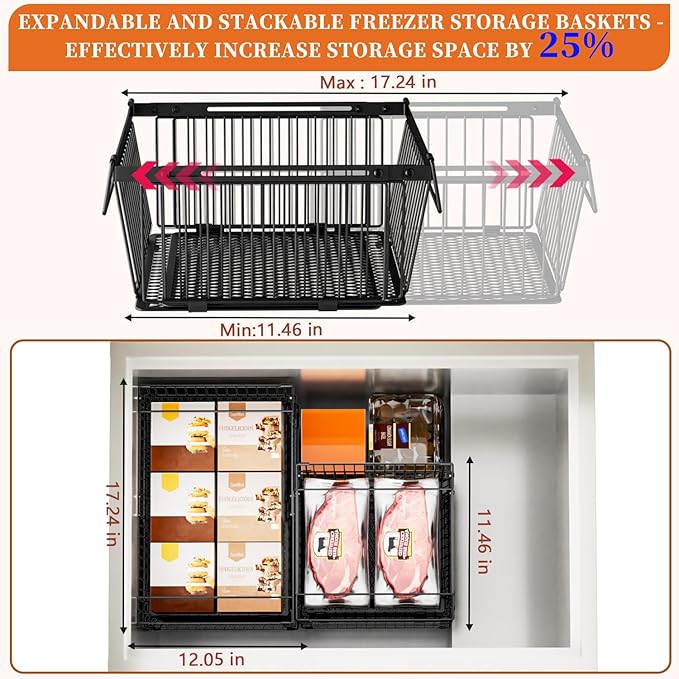 Large Freezer Organizer Bins，Upgraded Bottom Leak-Proof net，Fit 10 to 20 Cu.Ft Deep Freezer，2 Pack， Expandable Stackable Chest Freezer Organizer Bins , for Fridge, Deep Freezer, Cabinet