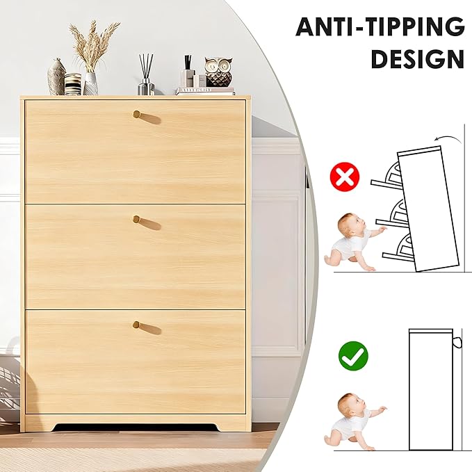 Nicetree Shoe Cabinet with 3 Flip Drawers，Freestanding Shoe Storage Cabinet, Narrow Shoe Organizer Cabinet, Farmhouse Slim Shoe Rack Cabinet for Entryway,Natural Oak with Hook