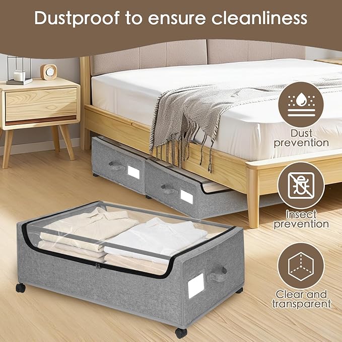 Under Bed Storage with Wheels, 4-Pack Under the Bed Storage Containers with Clear Lids & Label, Underbed Storage Bins, XXXL 85L 11 inches Rolling Metal Drawer for Clothes, Shoes, Toys, Books - Gray