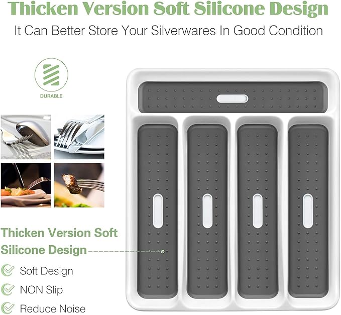 24-Piece Silverware Set, Flatware Set Mirror Polished, Dishwasher Safe Service for 4, Include Fork/Spoon with 5-Compartment Non Slip Silverware Drawer Organizer Box Tray