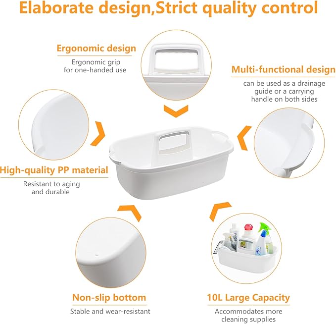 Goderewild Multi-Purpose Plastic Cleaning Caddy with Handle, Shower Caddy Organizer/Storage Basket/Totes Portable for Bathroom Supplies, Cleaning Products, Under Sink Tool, Housekeepers (White)