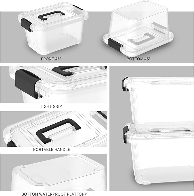 Cetomo Lidded Storage Bin, Tote Organizing Container with Handle and Buckles, Stackable, Plastic, Clear, 6.8Qt, Pack of 20