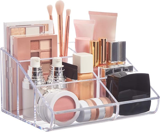 Clear Plastic Vanity Makeup Organizer, 6-Compartment Holder for Brushes