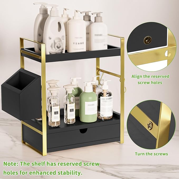 2-Tier Bathroom Counter Organizer with Drawer and Basket, Black-Gold