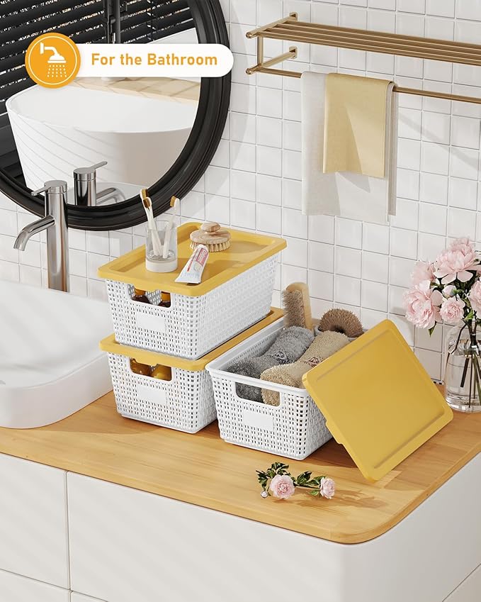 EOENVIVS Storage Bins Bakets with Lids 6 Pack, Stackable Organizer Bins for Small Spaces, Pantry, Closet & Bathroom, Secure Snap Lids, 11x7x5 Plastic Storage Containers for Shelf Organization, White