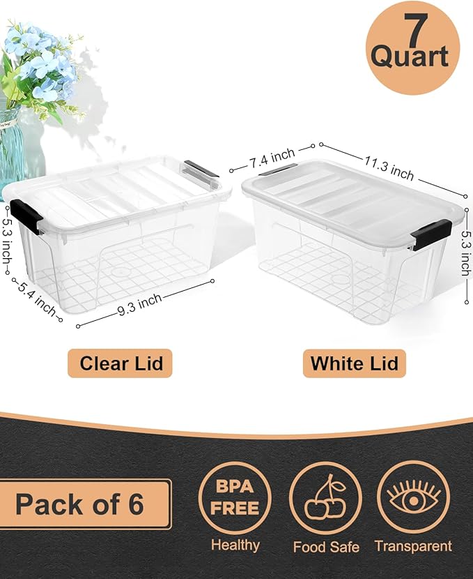 Plastic Storage Bins with Lids 6 Pack, Clear