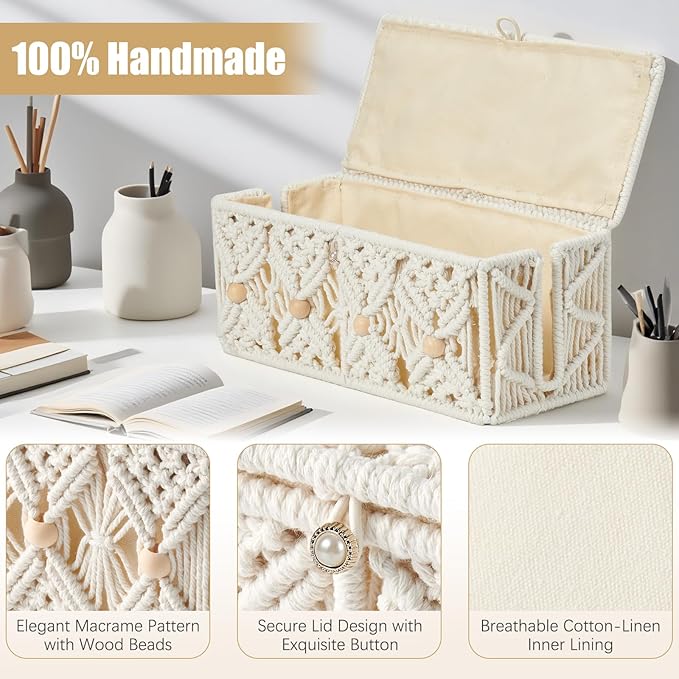 2PCS Cable Management Boxes Handmade Macrame Cord Storage Organizer Power Strips Outlet Router TV Wire Hider Cover Under Desk Natural Cotton Rope Woven Box with Lid (1 Large 1 Medium)