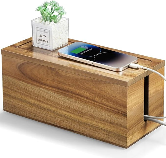 Acacia Wood Cable Management Box, Cable Organizer Box