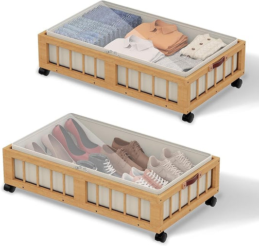 2-Pack Bamboo Under Bed Storage Containers with Wheels, Nature