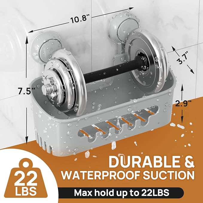 LEVERLOC Shower Caddy Suction Cup 2 Pack, Shower Organizer Removable Bathroom Shelf, Storage for Inside Shower Powerful Suction Max Hold 22lbs Waterproof Holder, Gray