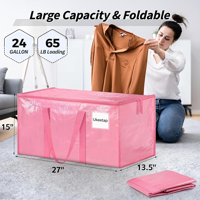 16 Pack Extra Large Heavy Duty Moving Bags, Pink Storage Bins with Lids