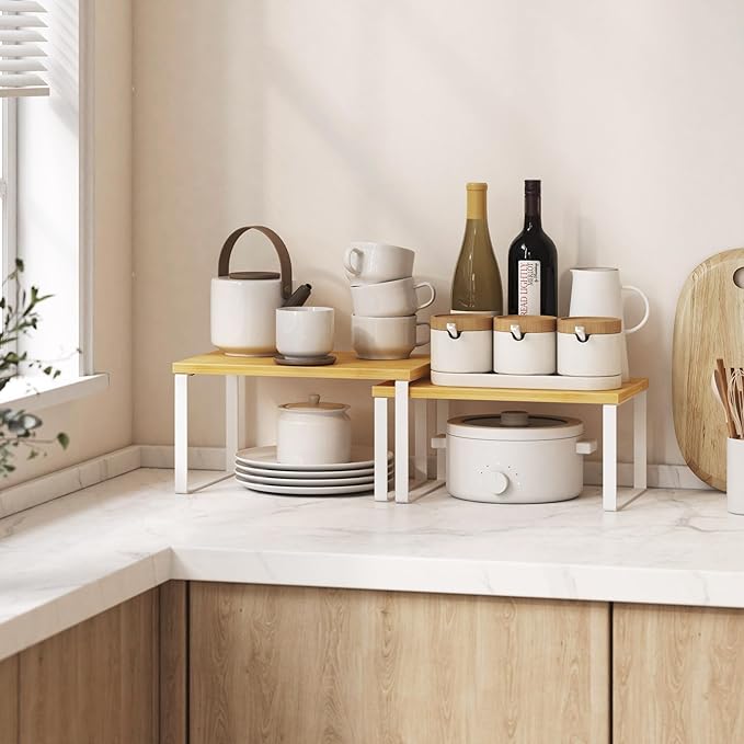 Kitchen Cabinet Organizer Shelf Set of 4, White+Bamboo