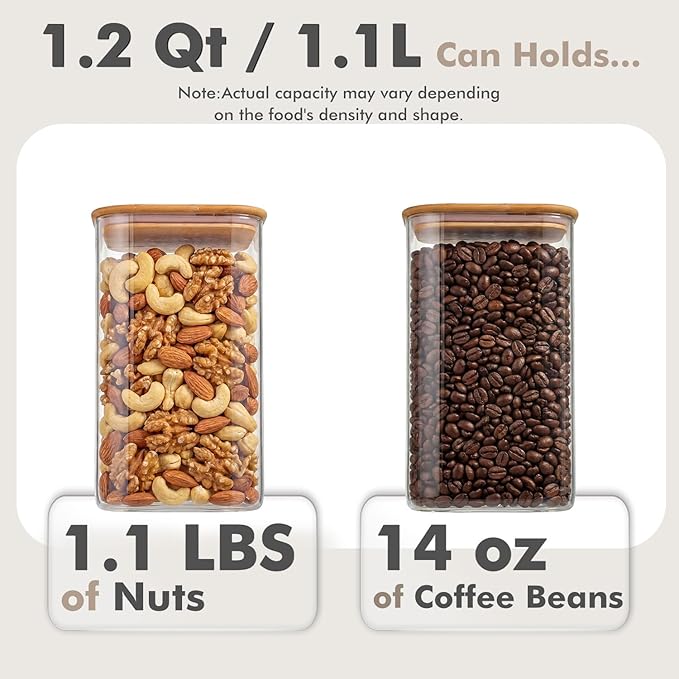 4-Pack 1.2Qt Square Glass Storage Jars with Bamboo Lids
