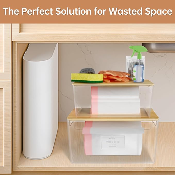 COAZEX 2 Pack Trash Bag Holder Under Sink Stackable, Plastic Garbage Dispenser with Lid, Trash Bag Storage Dispenser Roll Holder for Kitchen, Pantry, Laundry Room Organization