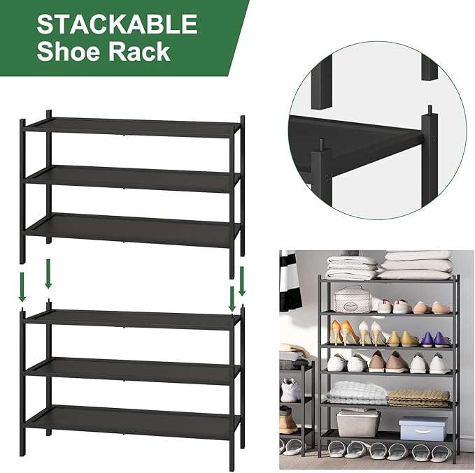 kiplant 3-Tier Black Bamboo Shoe Rack for Entryway, Stackable | Foldable | Natural, Shoe Organizer for Hallway Closet, Free Standing Shoe Racks for Indoor Outdoor