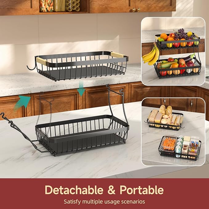 Sevenblue 3 Tier Fruit Basket for Kitchen Counter with 2 Mobile Banana Hangers, 2026 Pro Detachable Metal Fruit Bowl with Wooden Handle, Fruit Holder for Bread Snack Veggies with Protective Mats