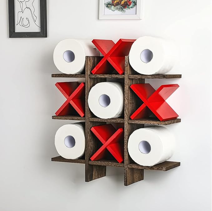Weysat Tic Tac Toe Toilet Paper Holder Stand Bathroom Wall Decor Rustic Wooden Hanging Storage Freestanding Wall Mounted Shelves Decor for Toilet Tissue Farmhouse
