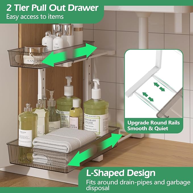 Under Sink Organizer 2 Packs, Pull Out Kitchen Sink Organizer, Grey & White