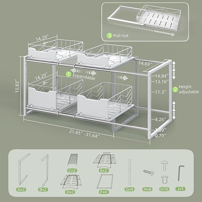NETEL NETELAdjustable Under Sink Organizers and Storage, 2 Tier Expandable Pull Out Under Sink Organizers and Storage, 4 Pull-Out Metal Baskets, (21.5-31.64)" W X 14.69" D X 15.83" H