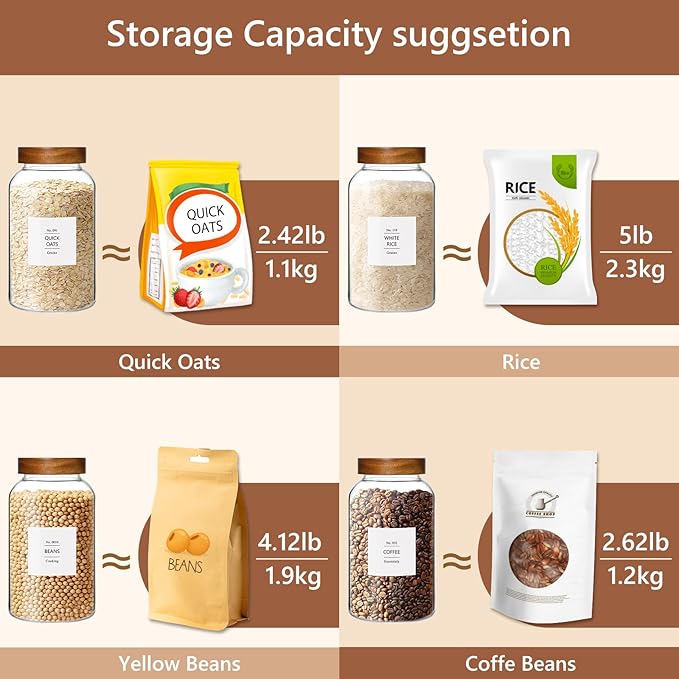 KEYWING 88oz Large Glass Jars with Airtight Acacia Wood Lids, Set of 3 Food Storage Containers for Flour, Sugar, Rice, Pasta, Cereal, Cookies – Includes 126 Labels