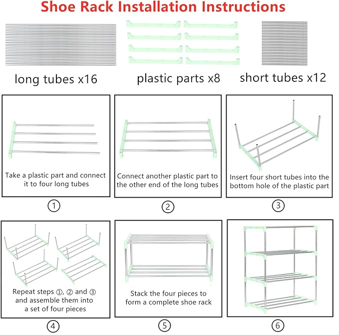 Jucaifu Stackable Small Shoe Rack, Entryway, Hallway and Closet Space Saving Storage and Organization (4-Tier, Green)
