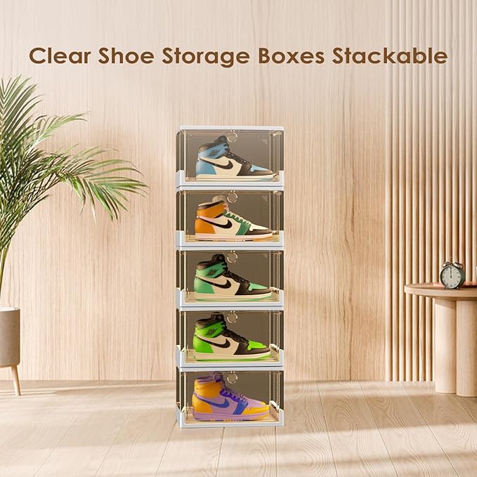 Clear Stackable Shoe Boxes with Magnetic Door, 3 Pack Thick Plastic Shoe Organizer for Closet, Dustproof Storage, Fits up to US Size 13