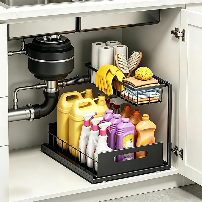 Ceetug Under Sink Organizers and Storage 2 Tier Slide Out Kitchen Cabinet Organizer Sturdy Metal Bathroom Storage (Black, 1 Pack)
